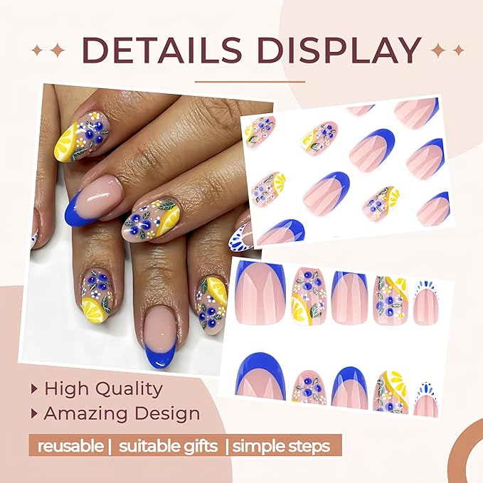 Cute Blue French Tip Press on Nails Medium Almond Fake Nails with Designs Lemon Blueberry False Nails Bohemian Glue on Nails Flower Full Cover Artificial Stick on Nails Acrylic Nails for Women 24Pcs