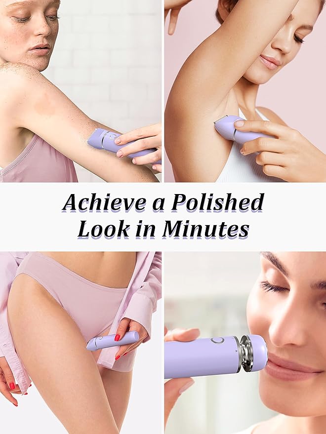 Bikini Trimmer and Shaver Kit for Women - 2-in-1 Wet/Dry Electric Body Hair Trimmer Facial Hair Removal Cordless Waterproof Bikini Shaver Razor for Face Lip Chin Pubic Underarm Legs (Purple)