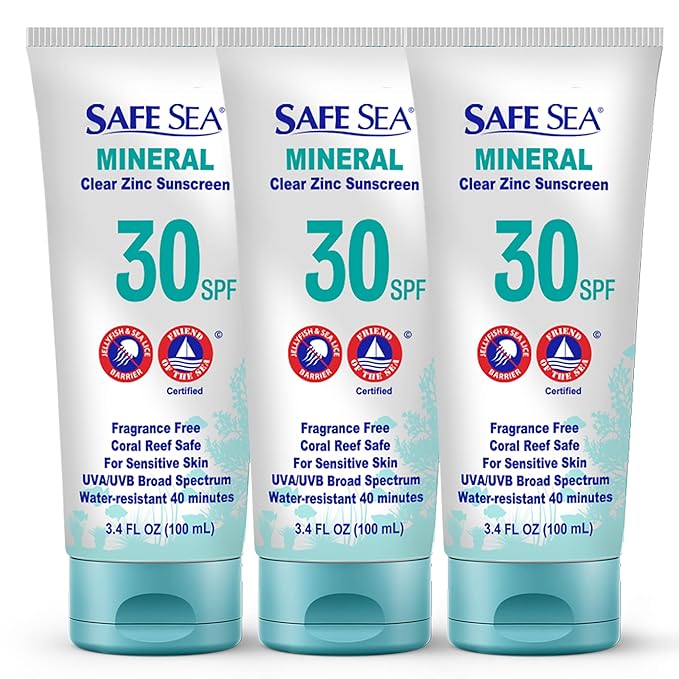 Safe Sea Zinc Oxide Sunscreen SPF30 | Clear Mineral Face And Body Sunscreen Without White Cast | Anti-Jellyfish Sting Protective Lotion | 3.4Oz (100ml) (3 Pack)