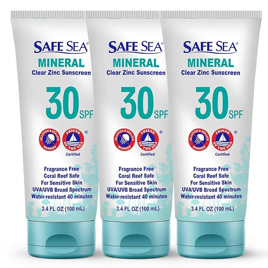 Safe Sea Zinc Oxide Sunscreen SPF30 | Clear Mineral Face And Body Sunscreen Without White Cast | Anti-Jellyfish Sting Protective Lotion | 3.4Oz (100ml) (3 Pack)