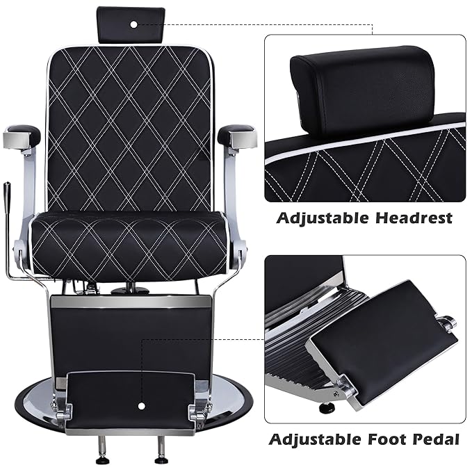 BarberPub Heavy Duty Metal Vintage Barber Chair All Purpose Hydraulic Recline Salon Beauty Spa Shampoo Equipment 3825 (Black with White Stitches)