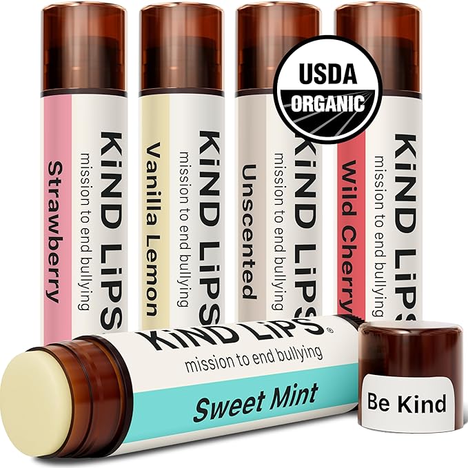Kind Lips Organic Variety 5-Pack Lip Balm – Unscented, Sweet Mint, Wild Cherry, Vanilla Lemon & Strawberry – Natural, Gluten Free, Grain Free – Made in USA – Moisturizing Chap stick