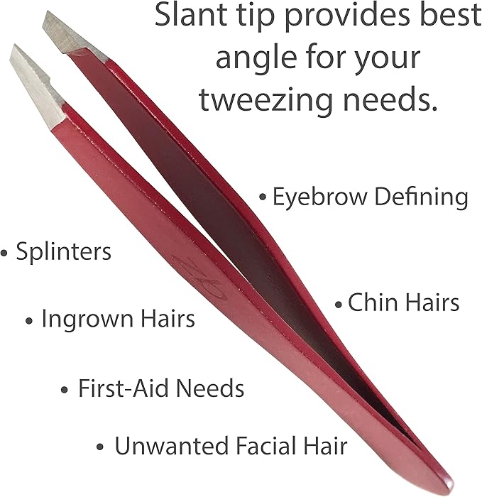 Tweezers – Surgical Grade Stainless Steel - Slant Tip for Expert Eyebrow Shaping and Facial Hair Removal – with Protective Pouch - Best Tweezer for Men and Women (Ruby Red)