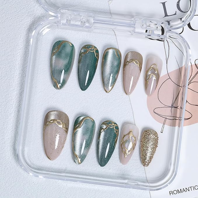 Almond Press on Nails Medium Fake Nails Green False Nail with Gold Glitter Design Handmade Artificial Acrylic Nail Press ons Reusable Almond Nails Glue on Nail for Women Girls 24Pcs