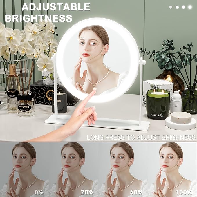 10"x10" Lighted Makeup Mirror, Vanity Mirror with Lights, Dimmable Touch Screen, Light up Mirror, Portable Travel Mirror, Cosmetic Mirror for Makeup Desk, 360° Rotation, White