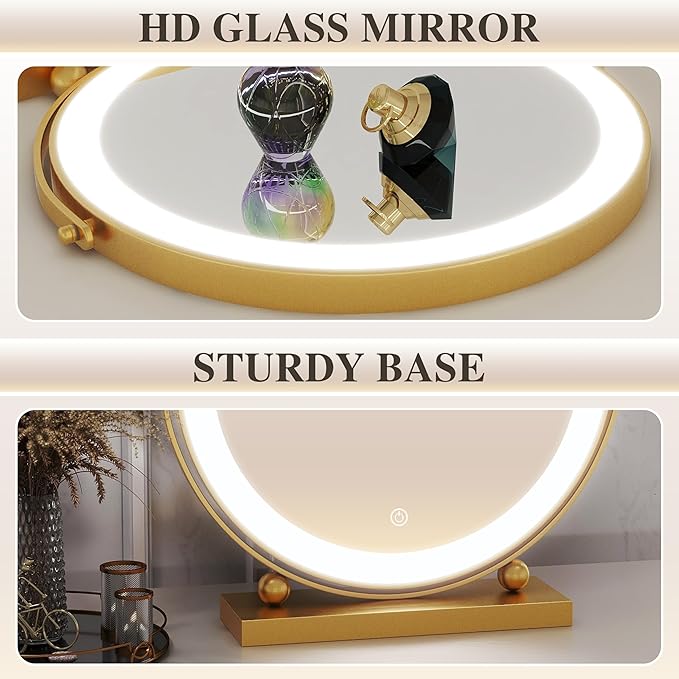 13 Inch Vanity Mirror with Lights, Round Make Up Mirror with Lighting, LED Mirror Makeup Mirror with Lights for Bedroom Tabletop, Smart Touch Control, 360° Rotation (Gold)