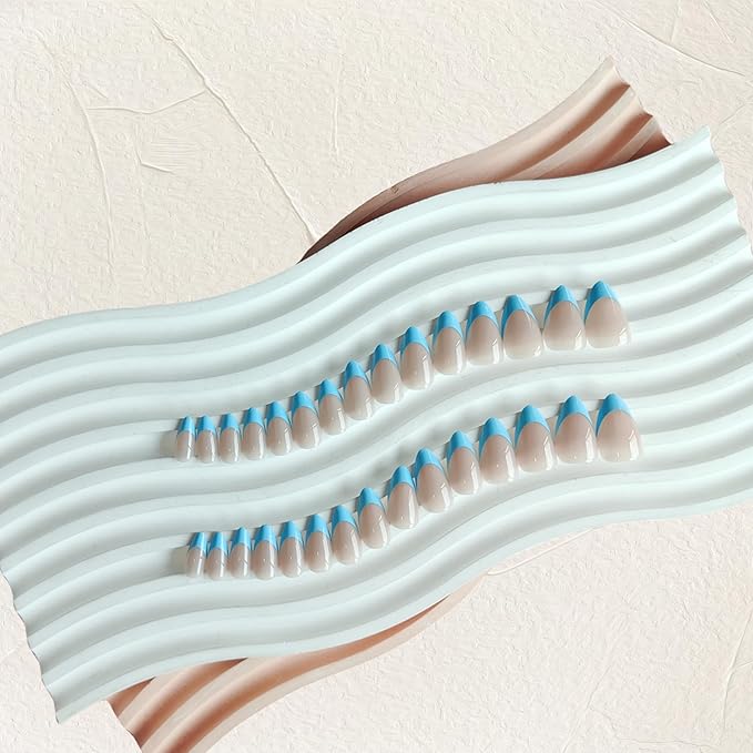 30Pcs Sky Blue French Tip Press on Nails Short Almond Nails Press ons, Short Fake Nails Almond Shaped Acrylic French Glue on Nails False Nail for Women, Natural Stiletto Nail 15 Sizes