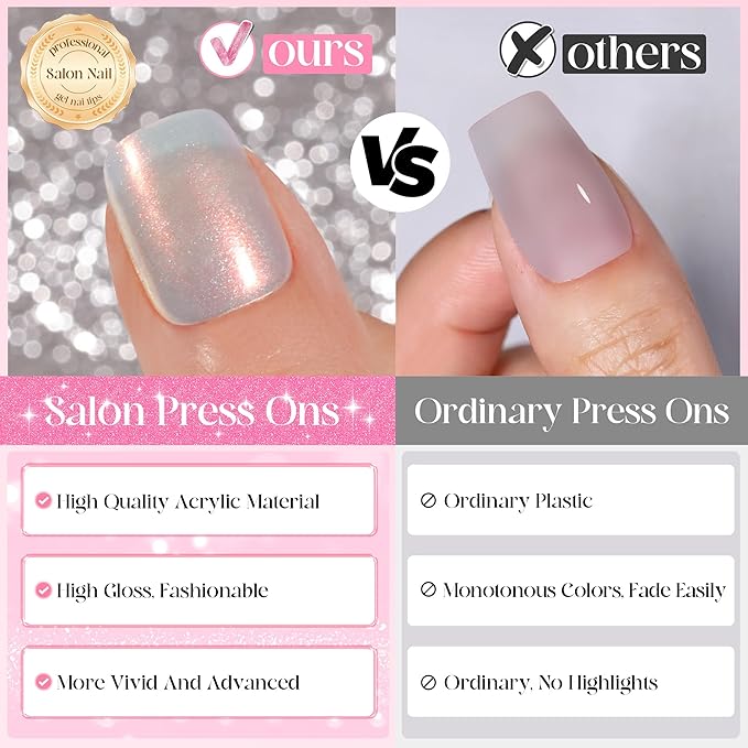 NEW Press on Nails Short, Jofay Fashion 120Pcs Salon-Like Fake Nails with French Mermaid/Pearl/Aurora Chrome Nail Designs, Glossy Artificial Acrylic False Nails, Glue on Nails for Women