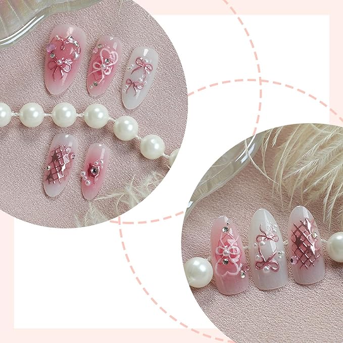 30Pcs Pink Press on Nails Medium Almond Fake Nails with Pink Rhinestones Heart Bow Design Shiny False Nails White Full Cover Acrylic Artificial Nails 3D Pearl Stick on Nail for Women Manicure