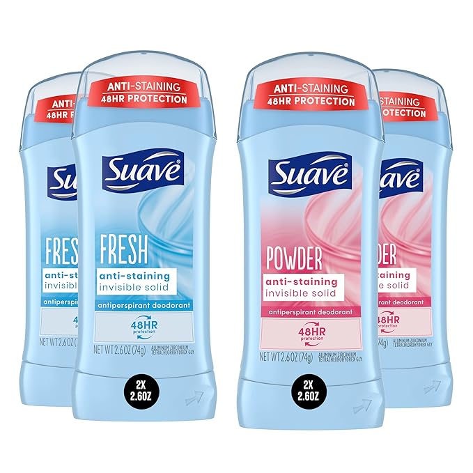 Suave Deodorant Women, Antiperspirant, Powder and Fresh Bundle, 48-Hour Odor & Wetness Protection, with Essential Oils, anti-staining, no baking soda Bundle 4 x 2.6 oz