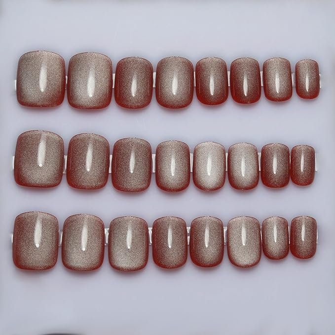Short Square Press On Nails, Red Cat Eye Press on Nails Fashionable Gel False Nails Reusable Acrylic False Nails Women's Glitter Nails Glue Patch Nails Set, Red Water Gloss White, 24Pcs