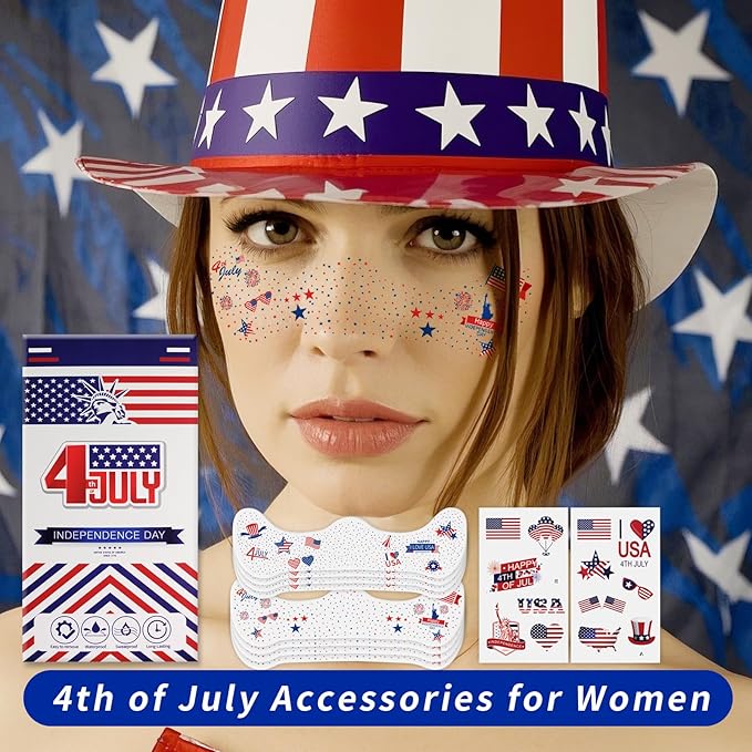 MEICOLY 4th of July Glitter freckles,USA Face Glitter Star Stickers Temporary Freckles Tattoos,Fourth of July Red White Blue Accessories,8 Face Glitter Freckles +13 Temporary Tattoos