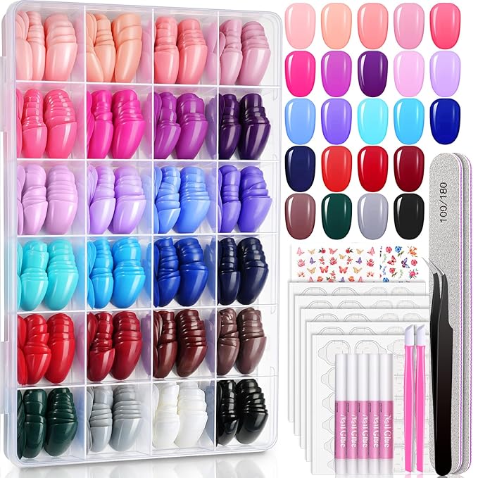 24 Colors Press On Nails, TsMADDTs 720PCS Short Oval Press On Nails with Glue, File, Tabs, Stickers and Tweezer for Home Manicure or Salon