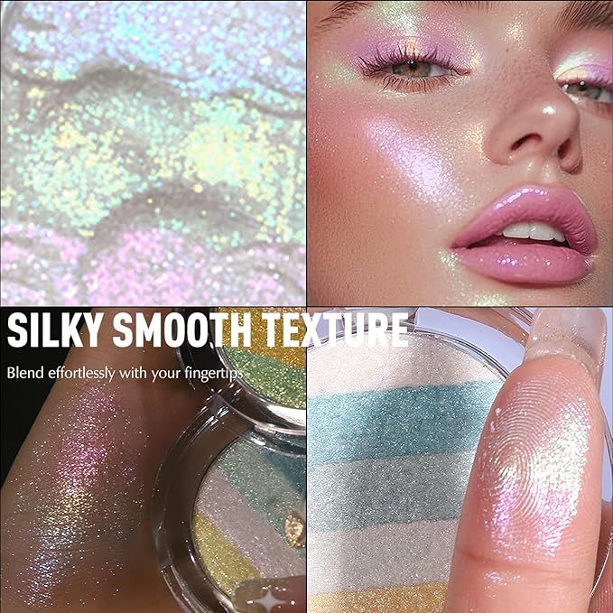 Holographic Glitter Eyeshadow - Multichrome Iridescent Shimmer Eyeshadow Palette, Chameleon Mermaid White Glitter Eye Shadow, Cream to Powder Sparkling Inner Corner Eye Face Highlighter Makeup