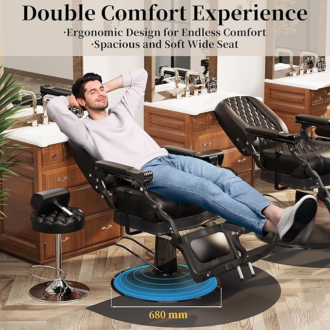 Baasha Retro Reclining Barber Chair, Ergonomic All-Purpose Salon Chair with Thick Cushion & Adjustable Headrest, Heavy-Duty Design, 550 lbs Support