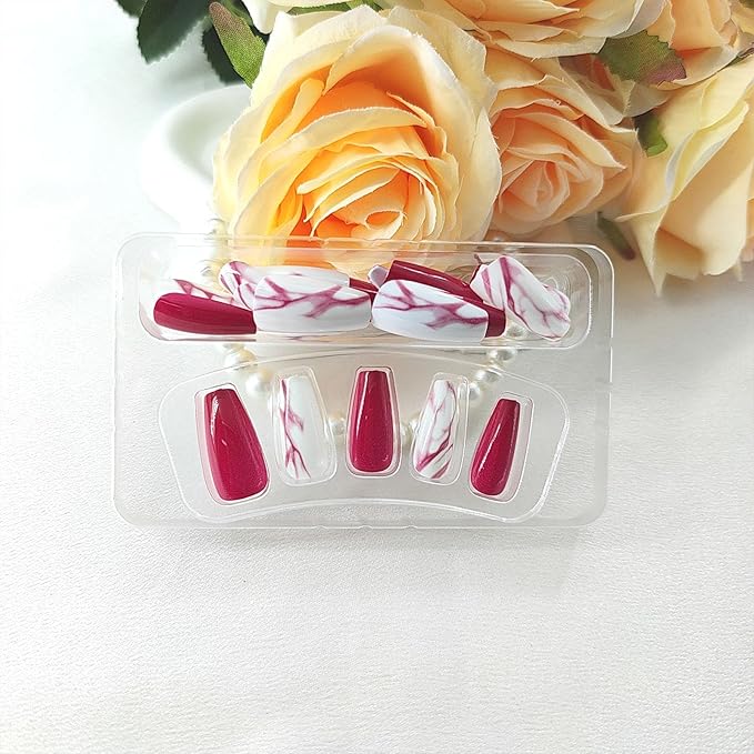 Coffin Press on Nails Medium Glossy Fake Nails with Lines Gradient Design Glue on Nails Red Full Cover False Nails Cute Acrylic Nails Artificial Coffin Nails Press ons for Girls 24Pcs