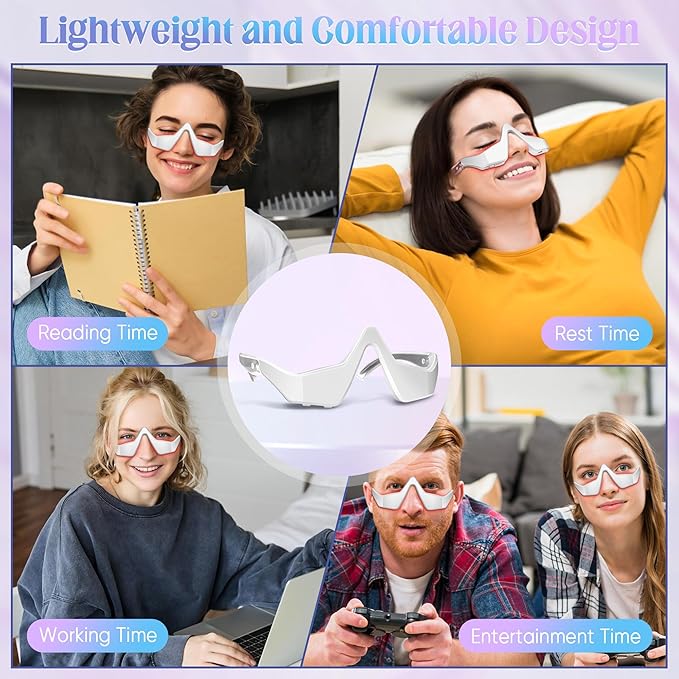 Under-Eye Light Therapy Device, Beauty Device with Eye Massage for Relieve Eye Bags, Eye Fatigue, Dark Circles, with Gel and Glasses Strap (White & 2 modes)