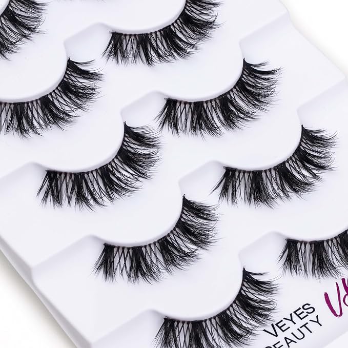 VEYESBEAUTY False Eyelashes Wispy Lashes Lightweight Natural Look Fluffy 3D Layered Volume Faux Mink Thin & Invisible Band BoldBloom Lashes, Comfortable and Reusable, 5 Pairs