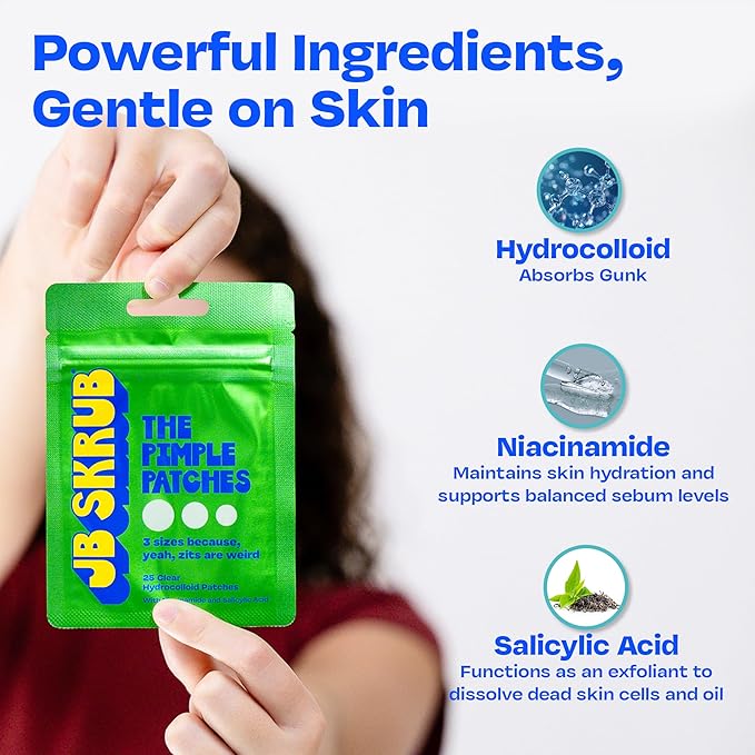 JB SKRUB The Pimple Patches for Face Acne, Ultra Discreet Clear Hydrocolloid Patches with Salicylic Acid & Niacinamide, Skin Care for Kids & Teens - 3 Packs of 25 Small, Medium & Large Spot Treatments