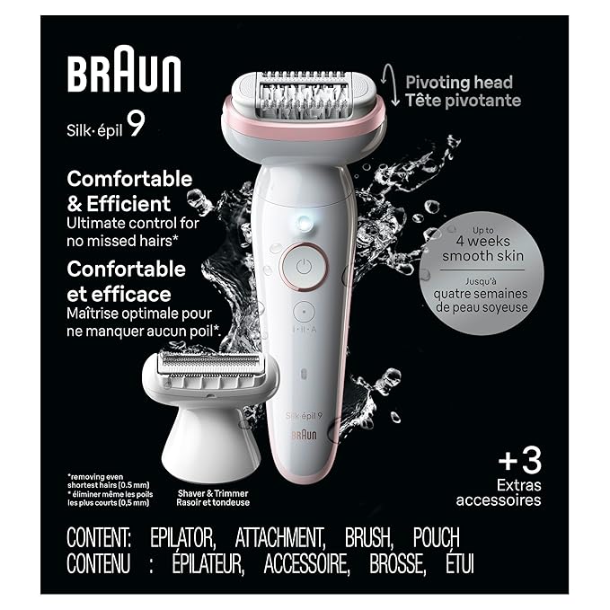 Braun Epilator Silk-épil 9, Hair Removal Device, Women Shaver & Trimmer, Pivoting Head, Wet and Dry Epilator, Includes Shaver Head and Trimmer Comb, SES9-030
