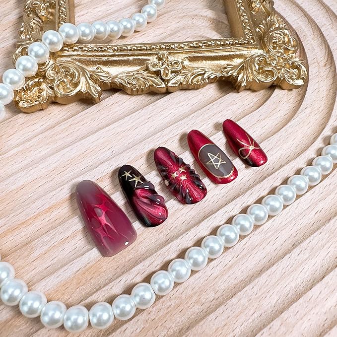 24pcs Red Press on Nails Medium Almond Fake Nails with 3D Glitter Designs French Tip False Nails Star Acrylic Nail Tips Dark Full Cover Glue on Nails for Women Nail Decoration