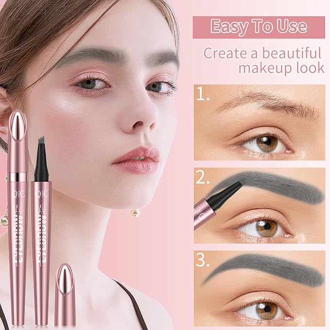 Eyebrow Pencils for Women - Microblading Eyebrow Pencil with Precise 4-Fork-Tip Waterproof Eyebrow Pen Smudge-Proof Eye Brow Pencils Create Natural Hair-Like Brows, Last All-Day, Gray