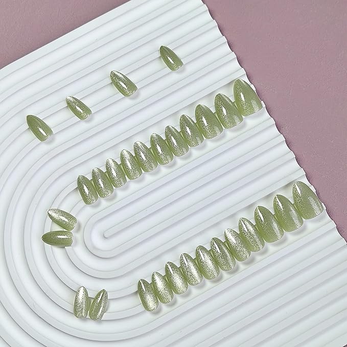 KQueenest Press On Nails Short - Light Green Press On Nails Almond Shape, Glitter Cat Eye Fake Nails with Nail Glue, Reusable Cute Bright Gel Glue On Nails with Color-Shifting Glow, Matcha, 30 Pcs