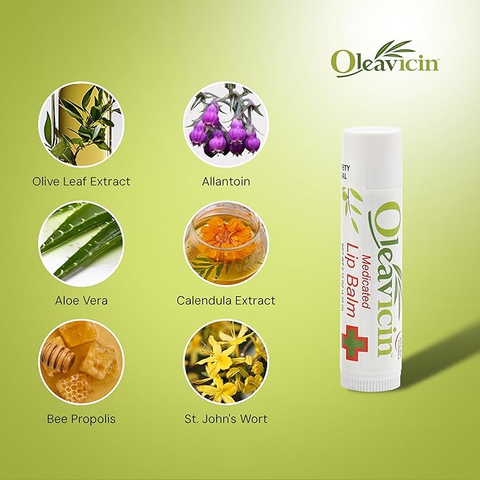 Natural Lip Balm by Oleavicin | Dry Lip Relief | Patented Moisturizing Formula for Chapped Lips | Organic Olive Leaf Extract