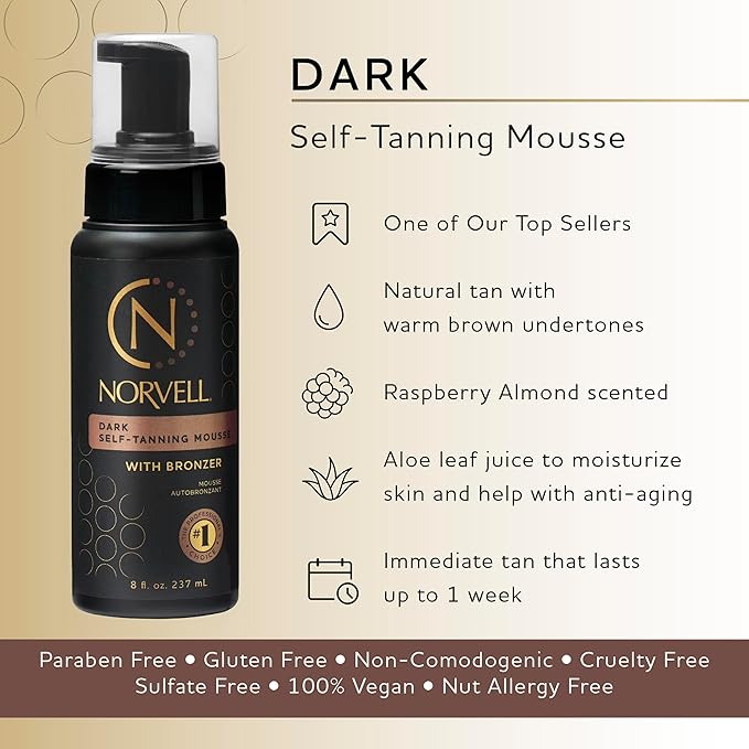 Norvell Sunless Dark Self Tanner Mousse with Bronzer 8 fl oz – Instant Natural Looking Fake Tan for a Bronzing Glow, Streak Free, Fast Drying, Long Lasting Sunless Tanning Color