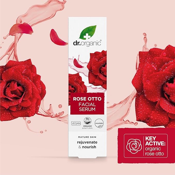 Dr. Organic Rose Otto Facial Serum | Nourishes and Smoothes Skin, Promotes Healthy Aging, Natural, Certified Organic, Paraben & SLS-Free, 30 mL / 1 fl oz