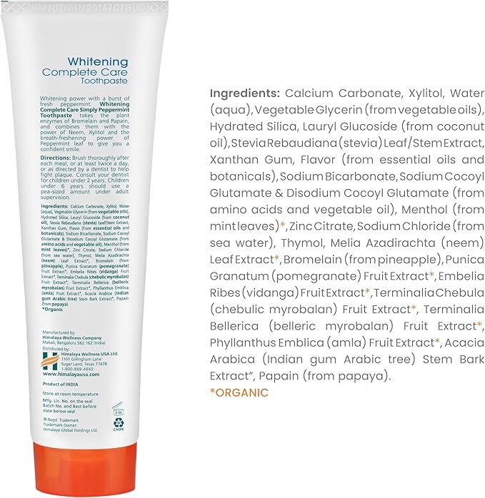 Himalaya Botanique Complete Care Whitening Toothpaste, Simply Peppermint, Fluoride Free for a Clean Mouth, Whiter Teeth and Fresh Breath, 5.29 oz, 2 Pack