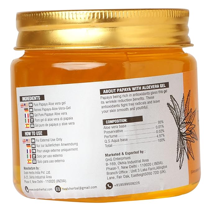 SVATV Papaya Aloe Vera Gel | Wrinkle reduction | Exfoliate the Skin | Helps in Skin Problems | Paraben & Sulfate Free - 200g | 7.05 Oz | 0.44 Lbs