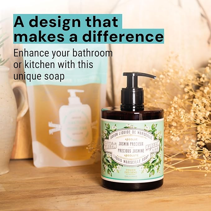 Panier des Sens - Moisturizing Hand Soap - Jasmine Floral Fragrance - French Traditional Savon de Marseille Soap - Refillable Kitchen & Bathroom Soap - 16.9 Fl.oz Liquid Hand Wash 96% Natural