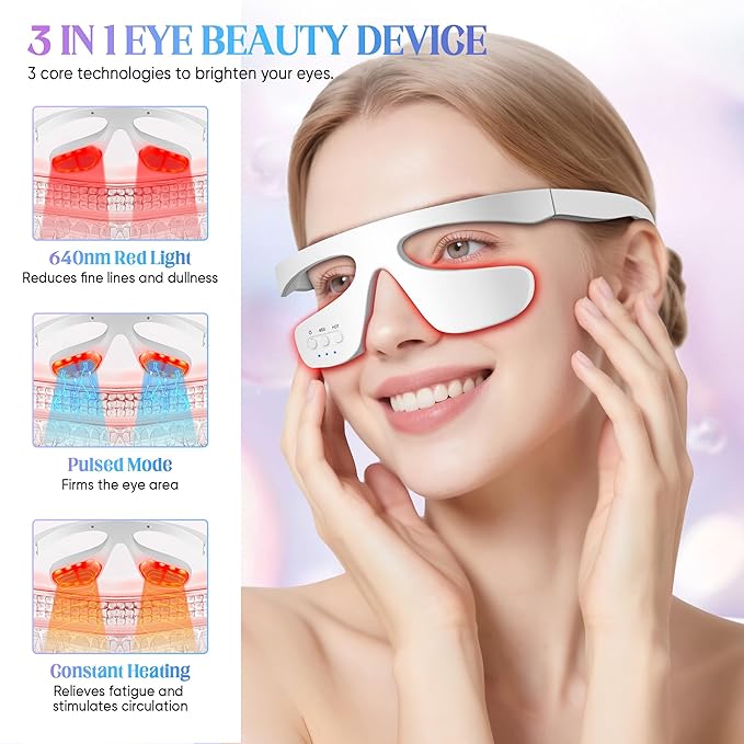 Under-Eye Light Therapy Device, Beauty Device with Pulsed, Light Therapy, and Heat, for Relieving Eye Bags, Eye Fatigue, and Dark Circles, with Gel and glass Strap (white & 3 modes)