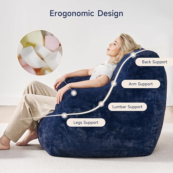 ONBRILL Giant Bean Bag Chairs for Adults with Ottoman, Faux Fur Boneless Chaise Couch Filler with Memory Foam,Large BeanBag Lounge Lazy Floor Sofa Accent Chair for Living Room,Bedroom & Game Rooms