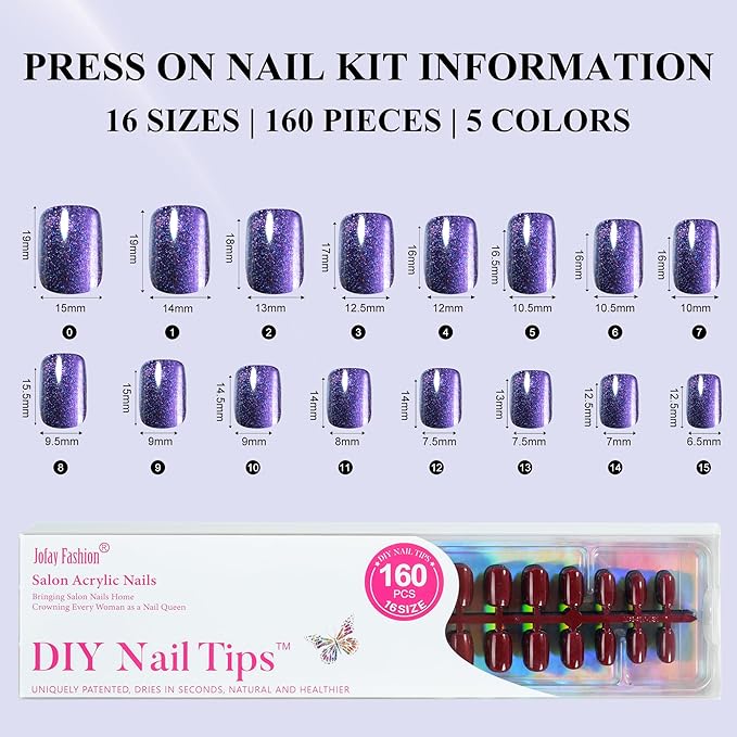 Cat Eye Press on Nails Short 5 Styles, Jofay Fashion 160Pcs Salon-Like Fake Nails with Glitter Chasing Light Cat Eye Designs, Christmas Artificial Acrylic Nails Glue on Nails Stick on Nails for Women