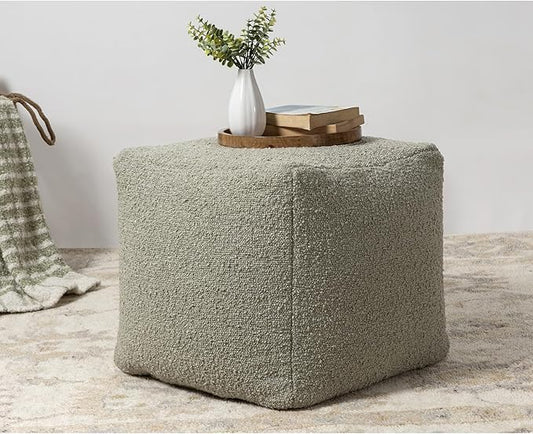 L. R. Resources, Inc. LR Home Handmade Contemporary Solid Boucle Indoor Medium Pouf Ottoman, Green | Cube for Living Room, Bedroom & Dorm Decor | 18 x 18 x 18 Stuffed Ottoman for Seating