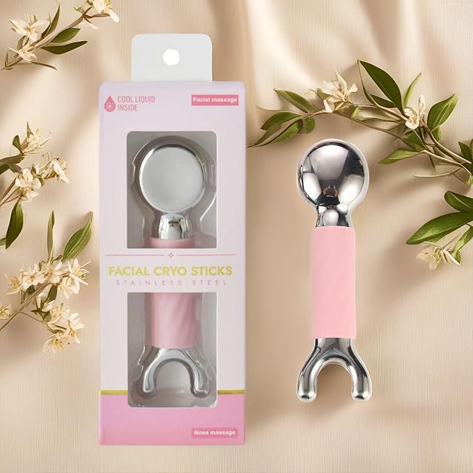 Ice Globes for Face & Eyes, Stainless Steel Facial Cryo Stick with Silicone Grip, Dual - Head for Face & Eyes, Reduces Puffiness & Wrinkles