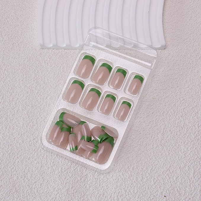 French Tip Press on Nails Medium Square Fake Nails Green Acrylic Nails St. Patrick’s False Nails Glossy Glue on Nails Stick on Nails Spring Artificial Nails for Women Girls Manicure 24Pcs