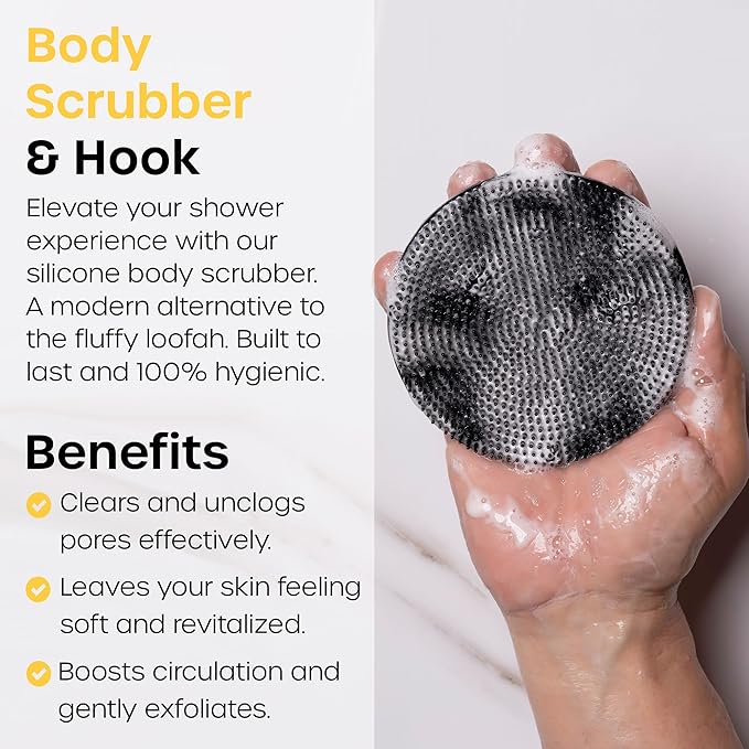 The Man Scrub Box - Silicone Back Scrubber, Face Scrubber & Body Scrubber Cleansing Brush for Men, Storage Hooks - Shower Bathroom Accessories for Men - Gifts for Him, Silicone Scrubbers Gift Box