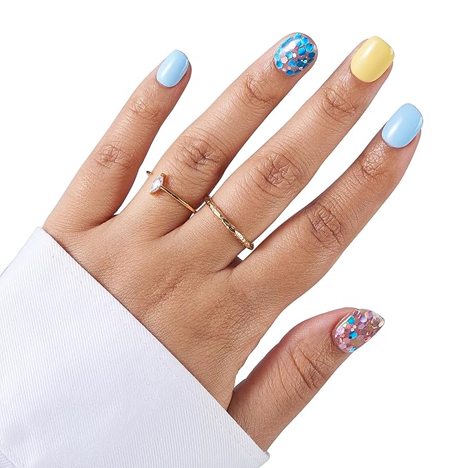 Medium-Sunshine Confetti Fake Nails Press-On Manicure Kit for Women | French Tip 10 Nails | Nail Glue, Dual Nail File, Cuticle Stick, Buffer Block | Measure Before Ordering