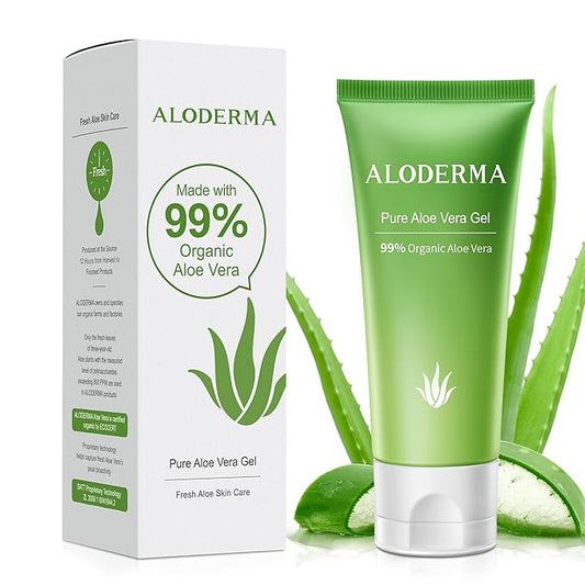 Aloderma 99% Organic Aloe Vera Gel Made within 12 Hours of Harvest, Easy Travel Size Tube for Body, Face, & Scalp, Cooling, Soothing Instant Relief for Skin & Sunburn, Hydrating Aloe Gel, 1.5oz