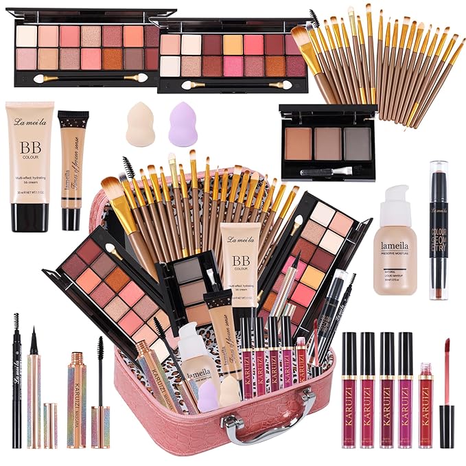 makeup sets for women,Professional Makeup Kit with Eyeshadow Palette,Brushes Set, Foundation, Lip Gloss, Travel Bag, Complete Beauty Set (Pink bag)