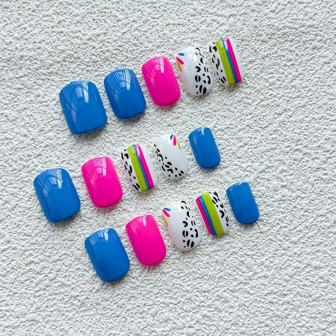 24Pcs Summer Press On Nails Short Square Fake Nails Colorful Line With Leopard Print Design Pink False Nails Blue Glue On Nails Full Cover Artificial Nails Stick On Nails For Women