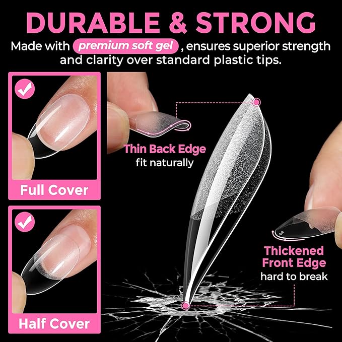 UNA GELLA Medium Oval Fake Nails Pre-Shape 216pcs Round Gel Nail Tips Press on Nails for Full Cover Acrylic Round Oval Full Nails False Nails 12 Sizes False Soft Gel Tips