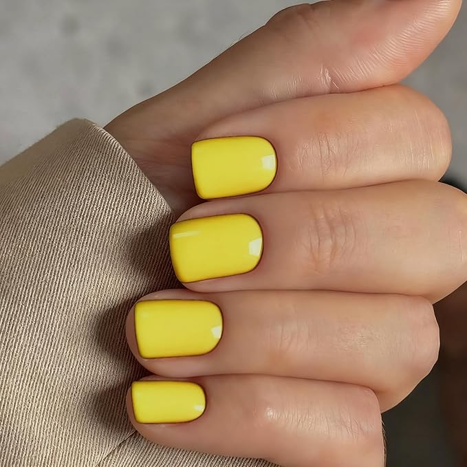 Short Press on Nails Square Yellow Set,Glazed Gel Nails Press on Acrylic Nail Pure Color Fake Short Nail Glue on Natural Petite False Nails Bright Stick on Nails 24 Pcs