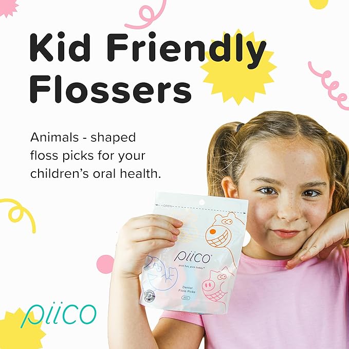 Piico Unflavored Kids Floss - No Fluoride Dual Line Dental Floss Picks - Fun Oral Care in Colorful Floss Sticks Design - Kids Flossers Prevent Tooth Decay & Gum Disease - 240 Count Zoo & Travel Case