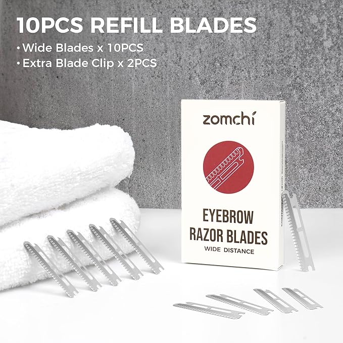 ZOMCHI Dermaplaning Razor Refills, Set of 10 Replacement Blades, Wide Distance, Metal, Plastic Free, Eyebrow Razor Blades
