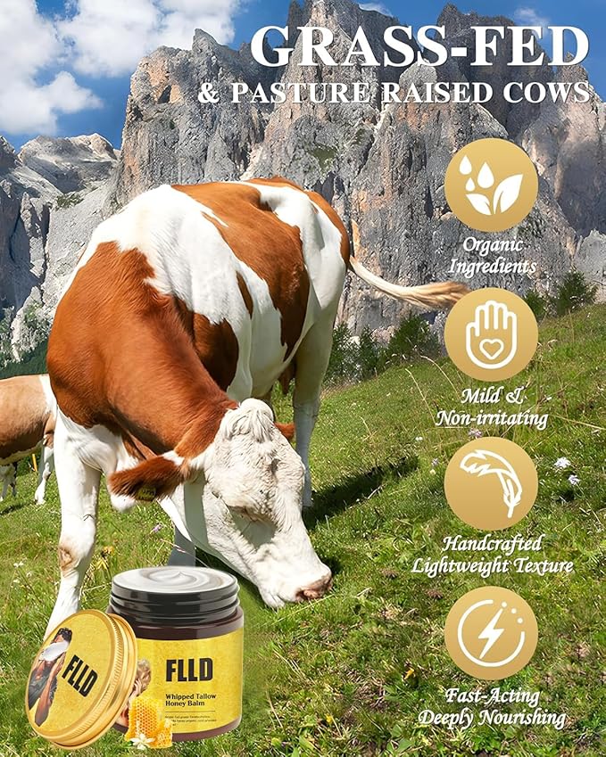 Organic Grass Fed Whipped Tallow and Honey Balm 4oz - Facial Cream, Lip Moisturizer, Body Balm