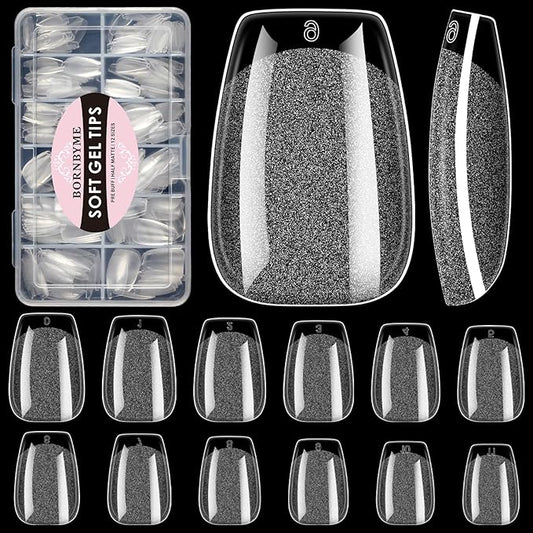 Short Coffin Soft Gel Nail Tips, BORNBYME 216 PCS Pre Buff Full Cover Shaped Nail Extenison Tips Half Matte Gel Nail Tips